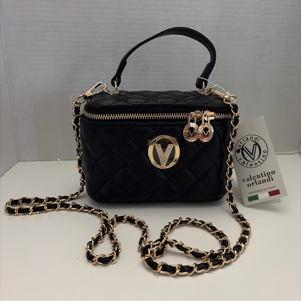 Valentino Orlandi Black Quilted Vanity Crossbody with Gold Accents
